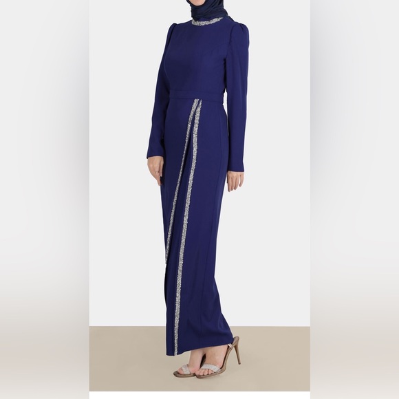 Women Long Sleeve Formal Modest Maxi NAVY BLUE DRESS Size 42 - Picture 2 of 9